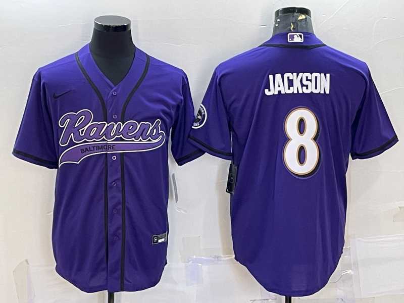 Mens Baltimore Ravens #8 Lamar Jackson Purple With Patch Cool Base Stitched Baseball Jersey->baltimore ravens->NFL Jersey